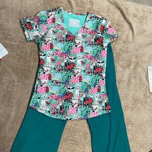Colorful Dog Print Scrub Top and Teal Pants Set